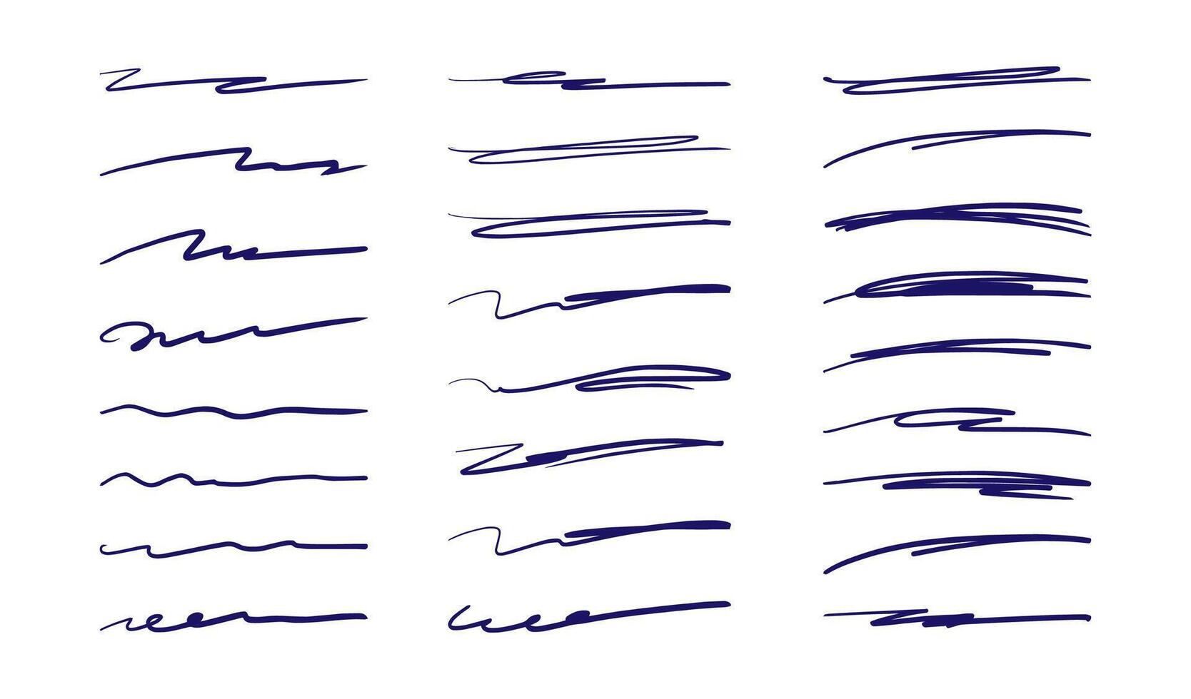 main tiré souligner coups. esquisser brosse gribouillis, encre marqueur gribouiller lignes, à main levée stylo accident vasculaire cérébral. griffonnage peint courbes, divers crayon formes et éléments. ensemble vecteur