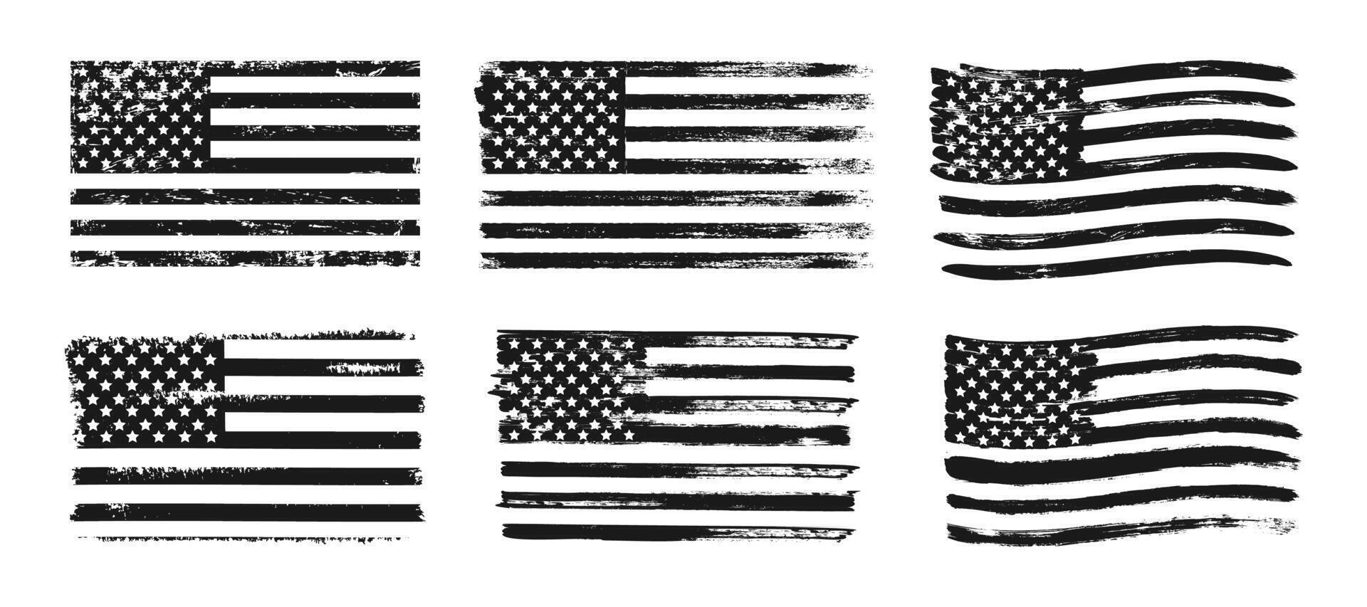 texturé Etats-Unis drapeau. grunge décoratif américain drapeau monochrome couleur. noir et blanc rayures et étoiles drapeau bannières pour t-shirts impression isolé sur blanc Contexte. collection vecteur