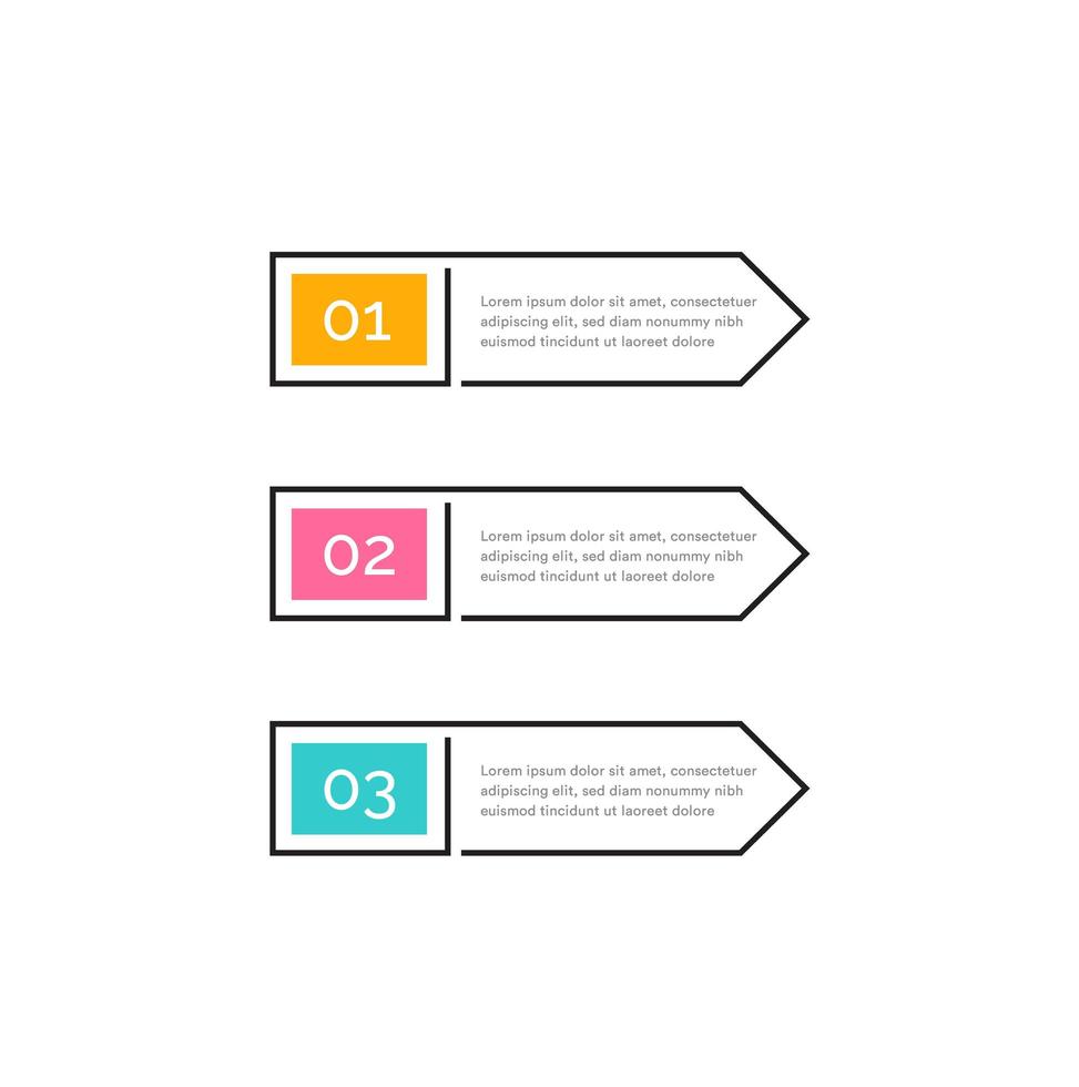 trois étapes, boutons de couleur avec les numéros 1, 2, 3 et texte dans le cadre de contour. flèches droites. élément de conception infographique, illustration vectorielle. vecteur