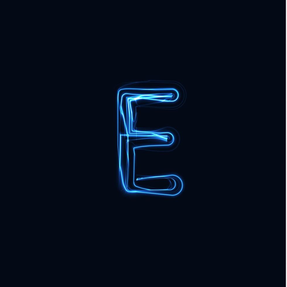 lettre e réaliste de foudre, logo de gant lumineux, symbole de style de lueur d'énergie électrique, signe de type plasma tesla bleu. illustration vectorielle de coup de foudre, conception de typographie vecteur