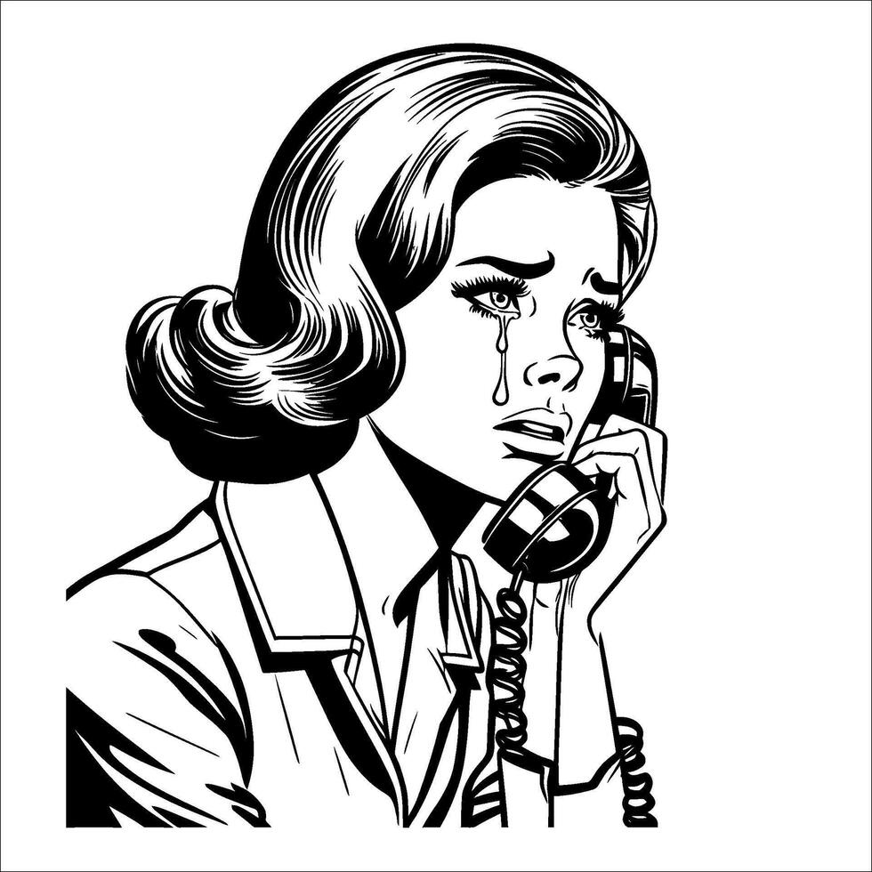 ancien rétro pop art femme pleurs sur le téléphone ligne art bande dessinée noir et blanc 08 vecteur