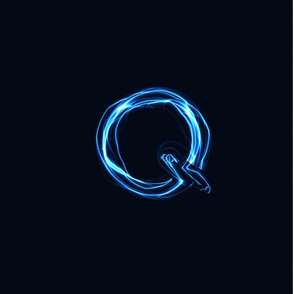 lettre réaliste de foudre q, logo de gant lumineux, symbole de style de lueur d'énergie électrique, signe de type plasma tesla bleu. illustration vectorielle de coup de foudre, conception de typographie vecteur