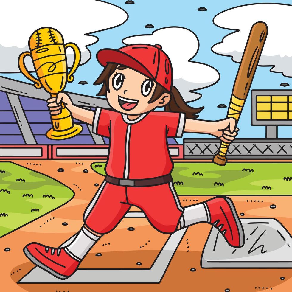 fille en portant base-ball chauve souris et trophée illustration vecteur