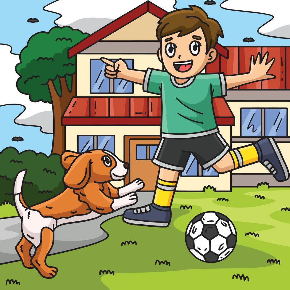 garçon et une chien en jouant football coloré dessin animé vecteur