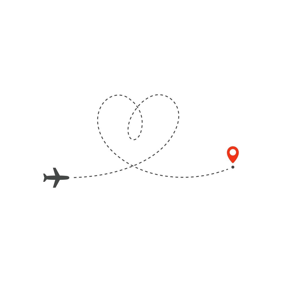 icône de chemin d'avion, direction de chemin d'avion et point rouge de destination, modèle de conception de logo, modèle d'illustration vectorielle de voyage de vacances sur fond blanc. vecteur