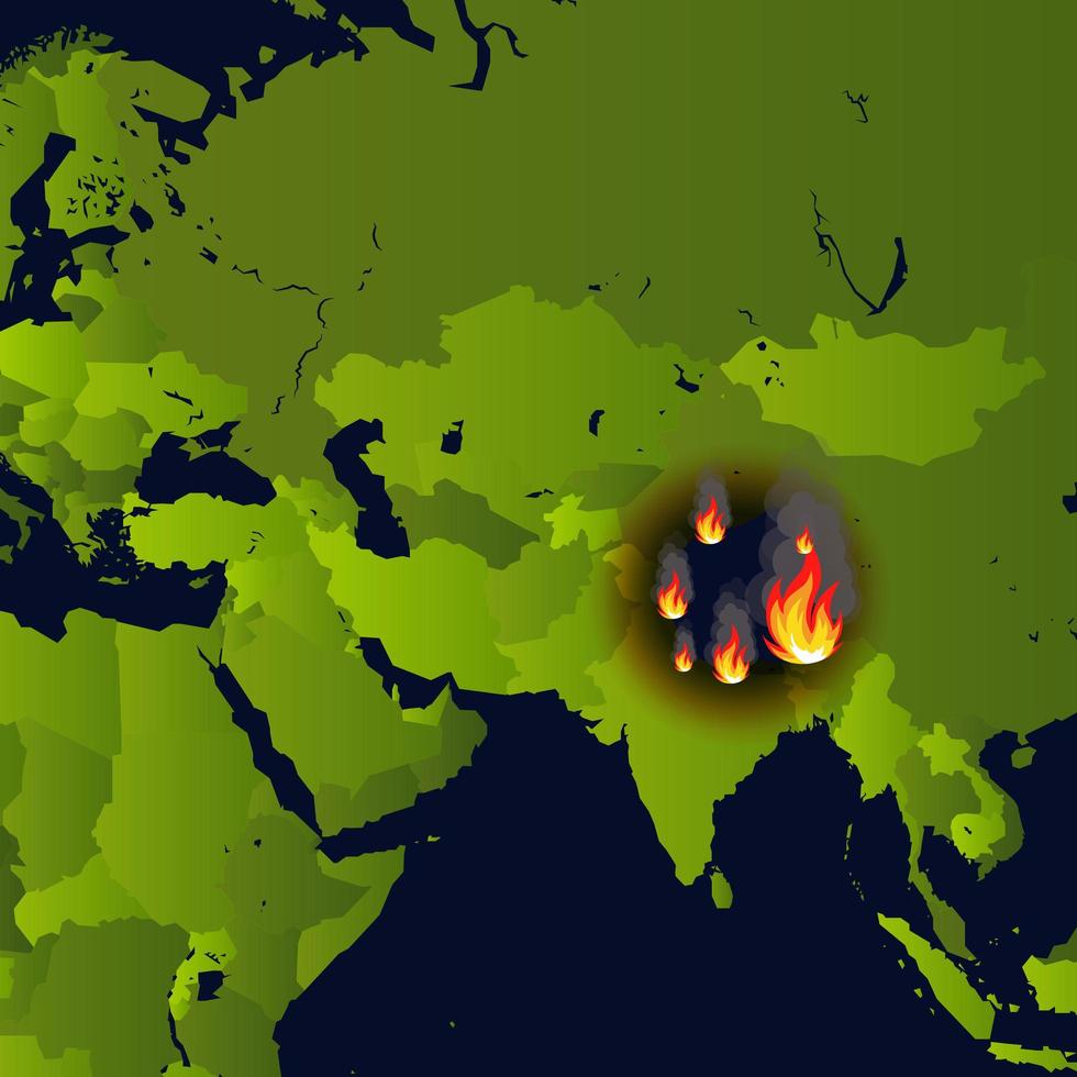 bannière des incendies de forêt, foyer sur la carte, nouvelles sur les catastrophes, papier qui brûle les fumées et couve du feu, illustration vectorielle. vecteur