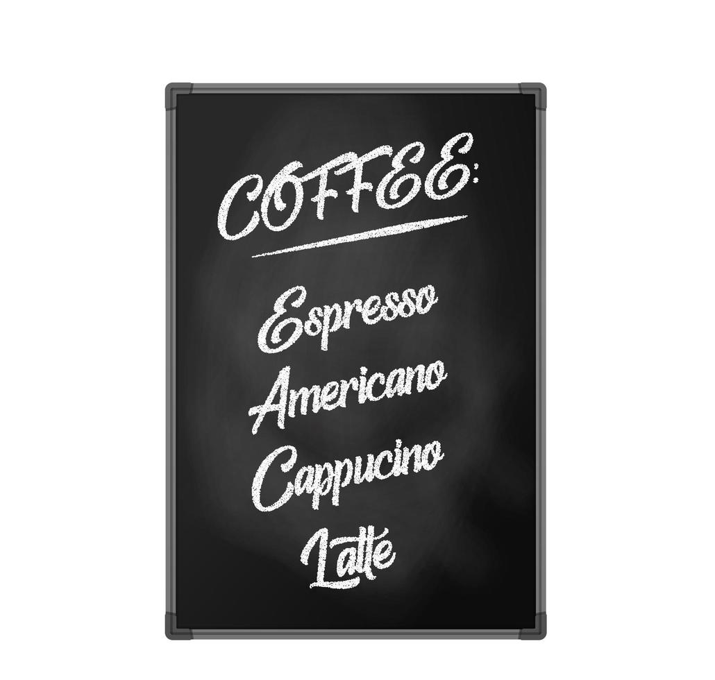 tableau noir, panneau d'affichage pour cafés, restaurants et cafés. lettrage pour le menu café, expresso, americano, cappuccino, latte. objet isolé, illustration vectorielle sur fond blanc. vecteur