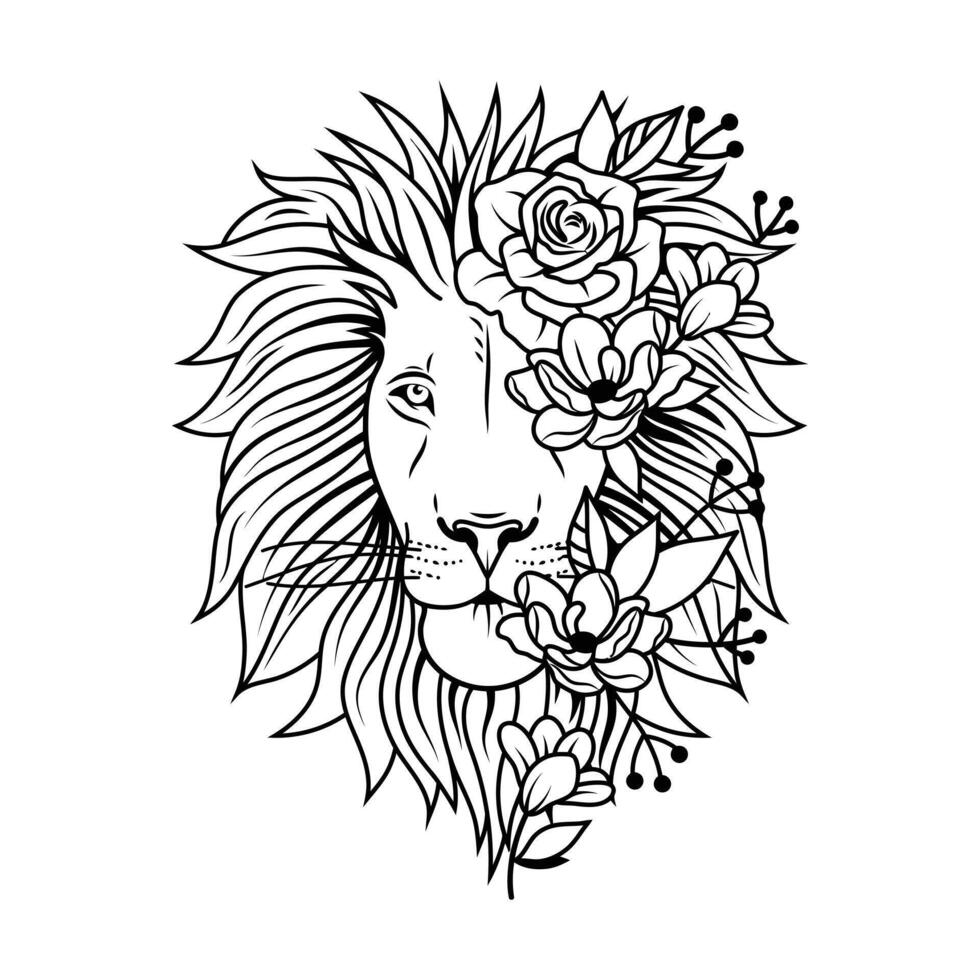 une Lion tête avec floral couronnes de fleurs. vecteur