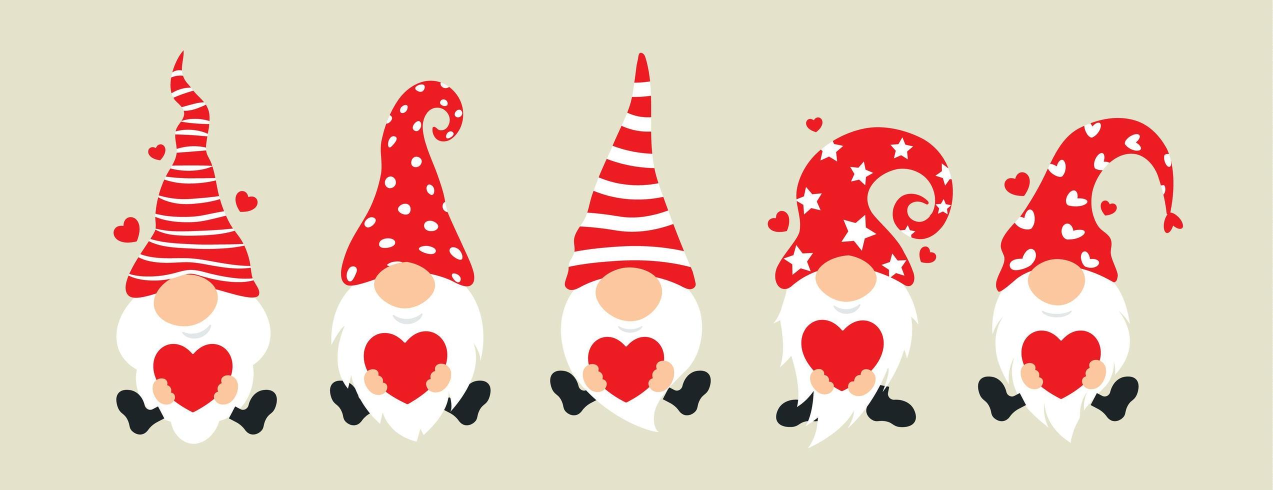 ensemble de gnomes de dessins animés. collection de mignons gnomes de Noël tenant des coeurs. personnages drôles amoureux des enfants et des couples. illustration vectorielle vecteur