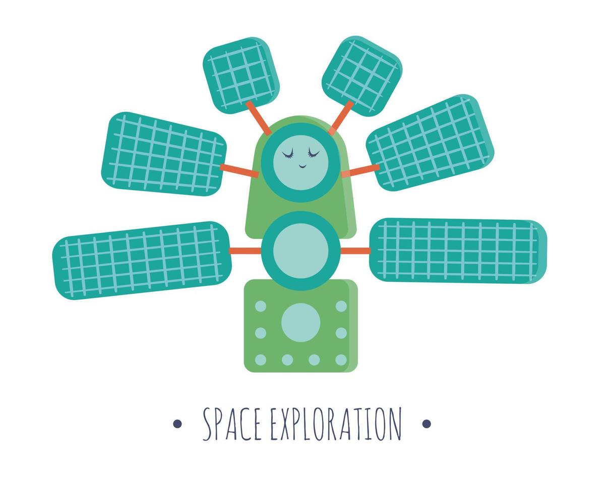 illustration vectorielle de la station spatiale pour les enfants. image plate lumineuse et mignonne de techniques souriantes isolées sur fond blanc. concept d'exploration spatiale. vecteur
