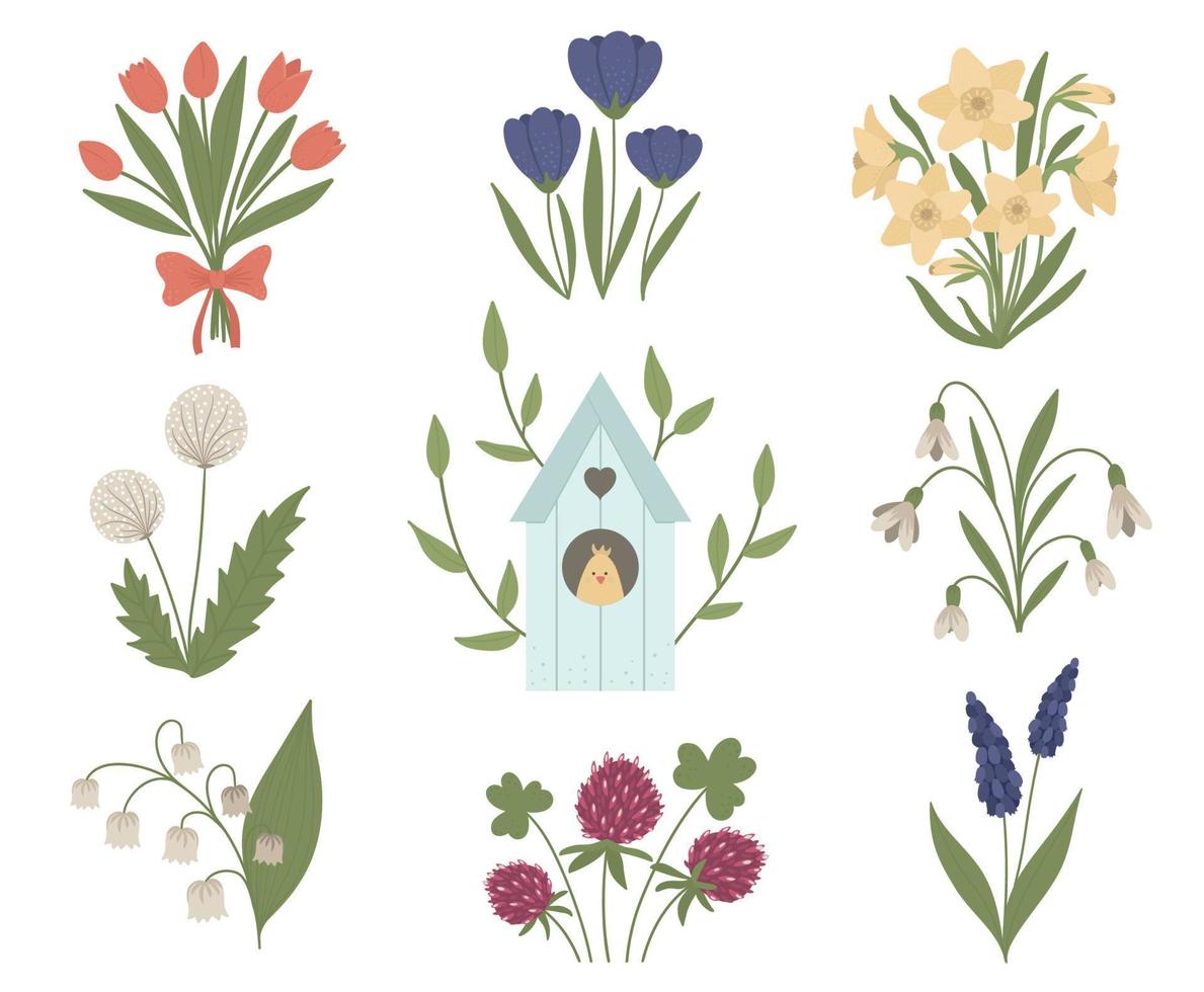 ensemble d'images vectorielles de jolies fleurs de printemps plates et d'étourneaux avec poussin à l'intérieur. première illustration de plantes en fleurs avec maison d'oiseau. collection d'art clip floral isolé sur fond blanc. vecteur