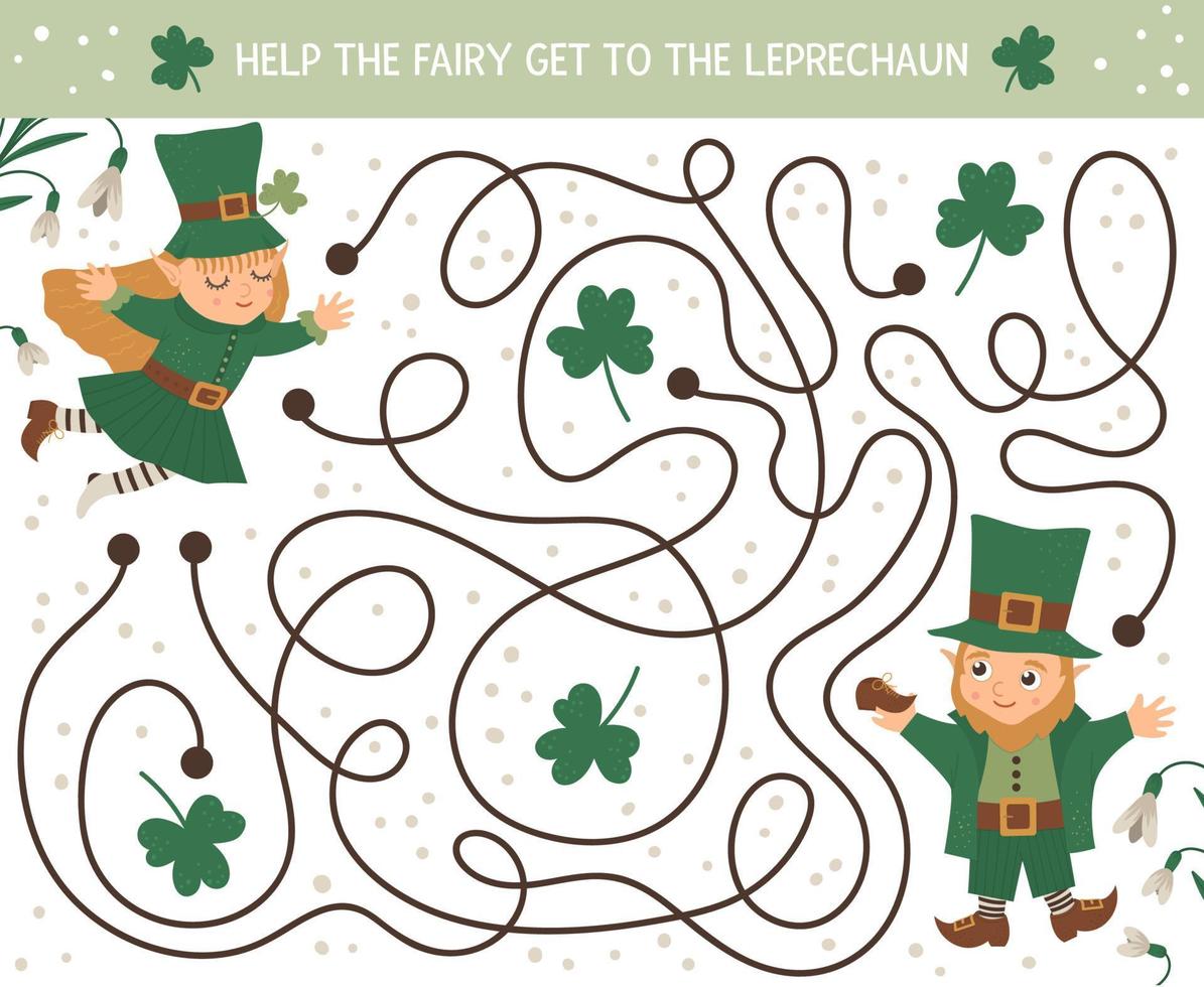 labyrinthe de la saint patrick pour les enfants. activité de vacances irlandaises préscolaires. jeu de puzzle de printemps avec un elfe et une fée mignons. aidez la fée à atteindre le lutin. vecteur