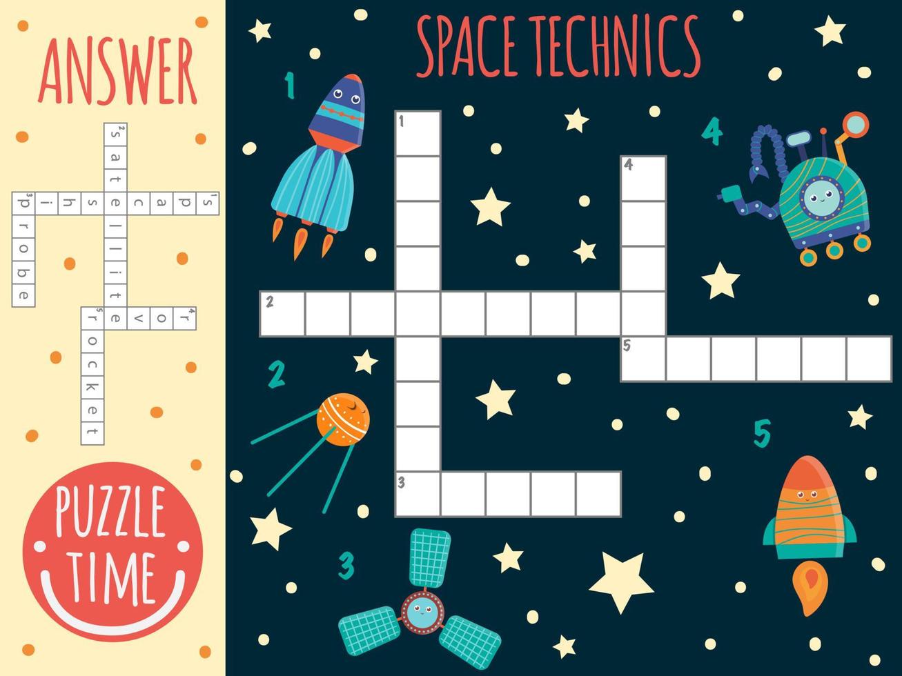 mots croisés de l'espace vectoriel. quiz lumineux et coloré pour les enfants. activité de puzzle avec les techniques spatiales, satellite, vaisseau spatial, sonde, rover, fusée vecteur