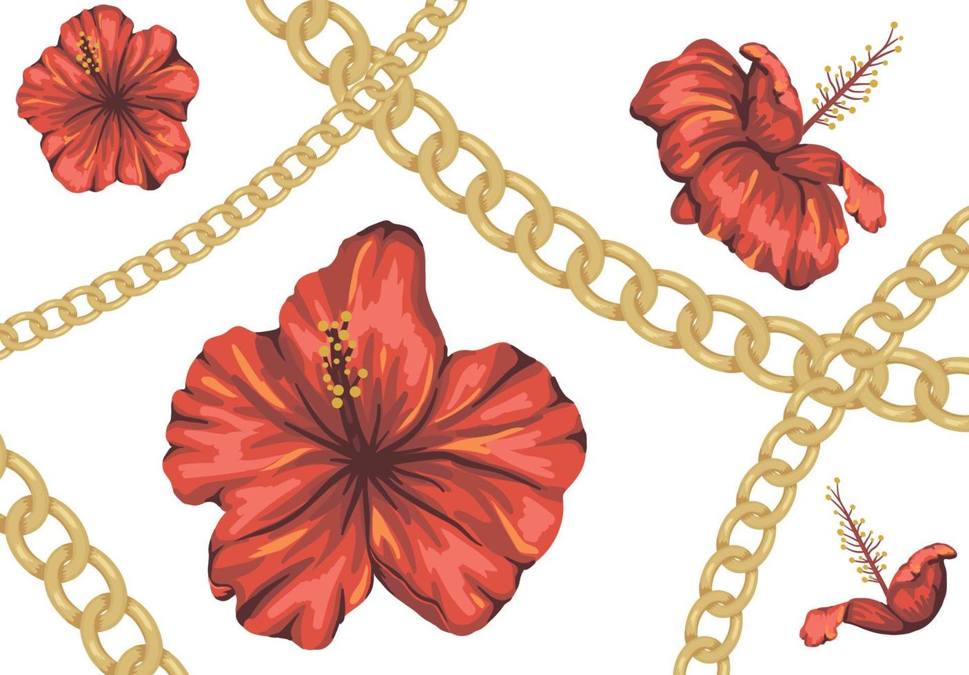 fond tropical de vecteur avec des fleurs d'hibiscus rouges et une chaîne dorée. toile de fond de la jungle d'été. illustration tropique vintage