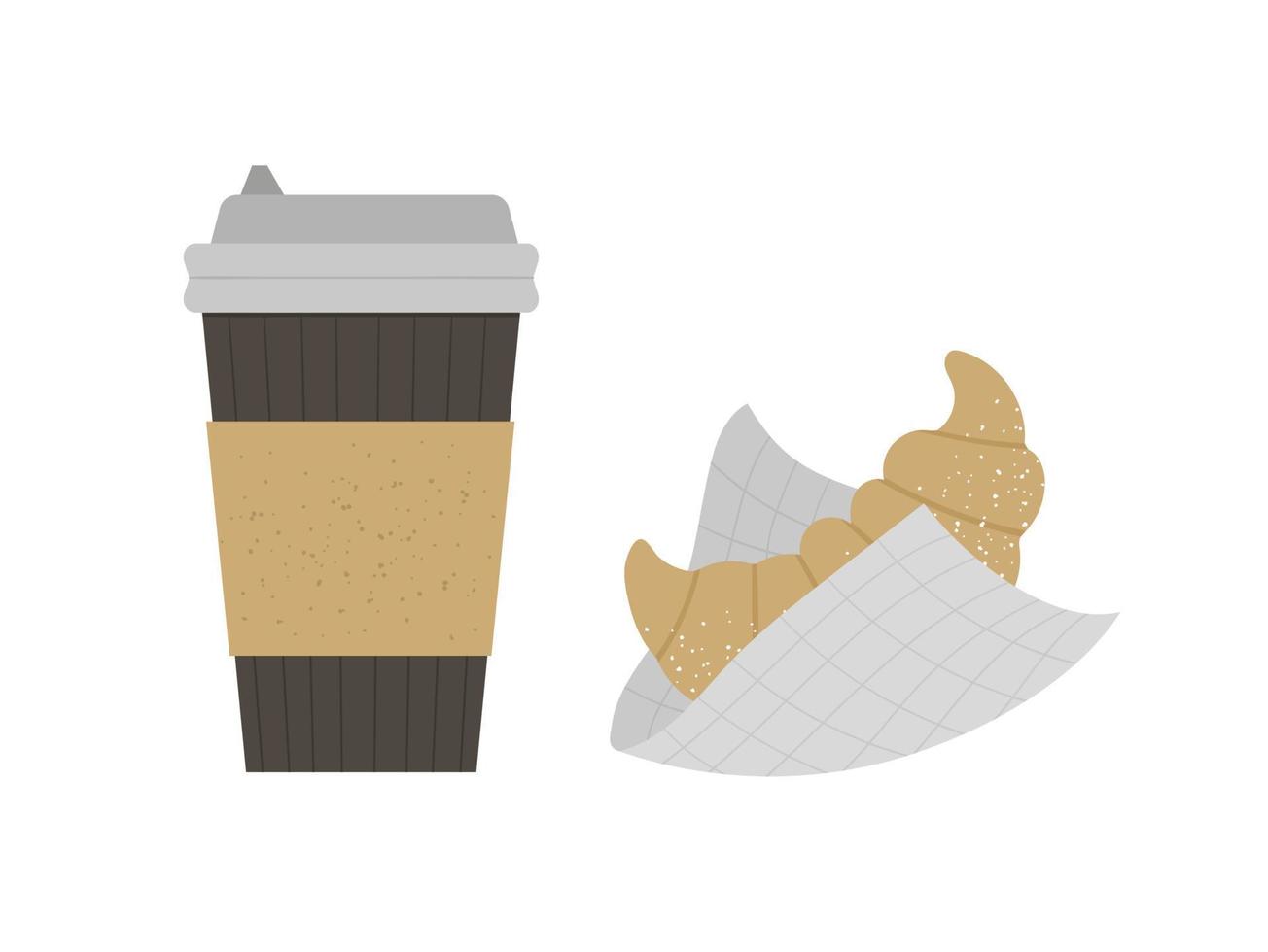 illustration vectorielle à plat de croissant avec une tasse de café à emporter. icône de pâtisserie et boisson chaude française. Petit déjeuner rapide texturé plat isolé sur fond blanc vecteur