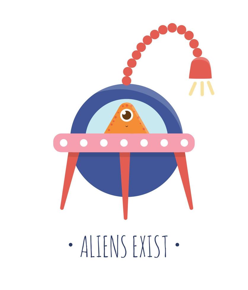 illustration vectorielle d'ovni avec extraterrestre à l'intérieur pour les enfants. image plate lumineuse et mignonne de soucoupe volante isolée sur fond blanc. notion d'espace. vecteur