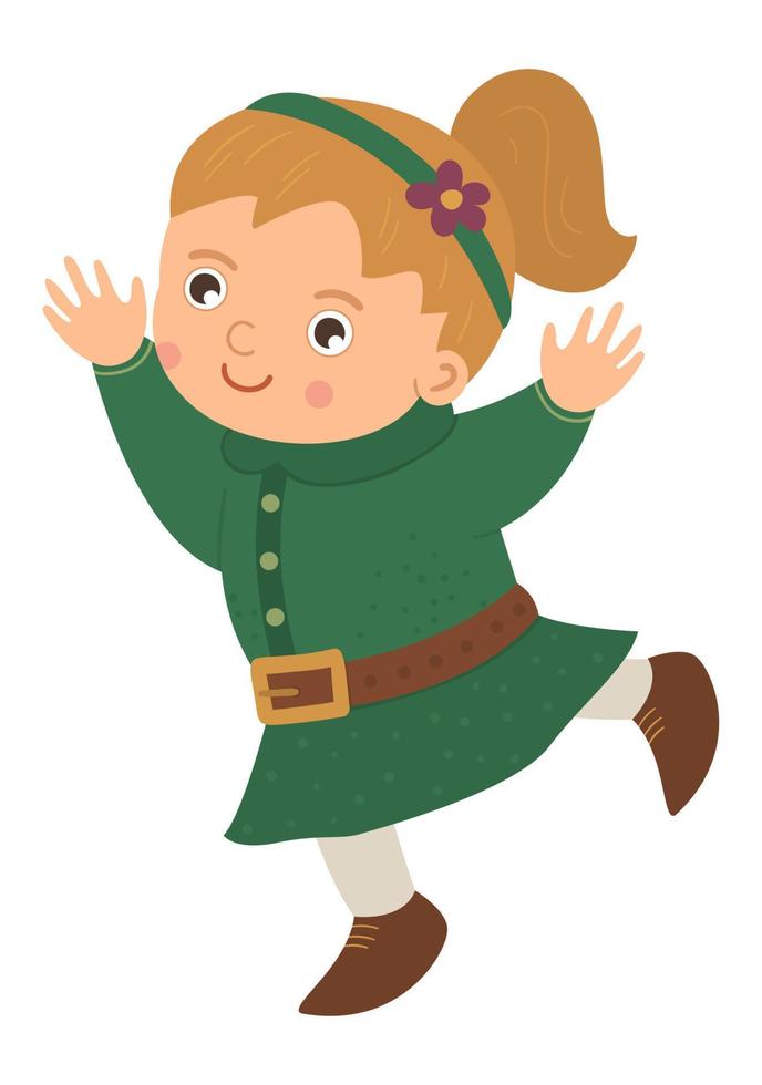 vecteur plat drôle fille en vêtements traditionnels verts. mignon st. illustration du jour de patrick. icône de fête nationale irlandaise isolé sur fond blanc.