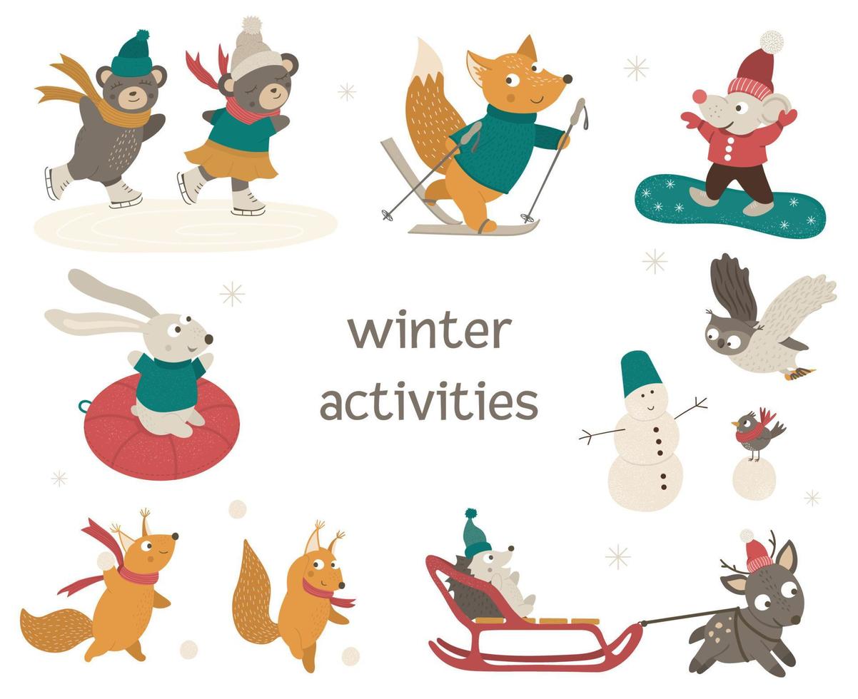 ensemble d'images vectorielles d'animaux des bois mignons faisant des activités hivernales. personnages forestiers amusants avec ski, patins, traîneau, snowboard, bonhomme de neige. vecteur