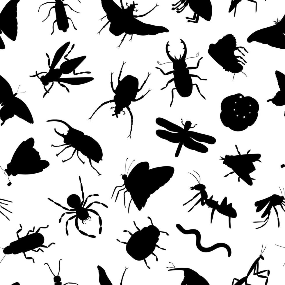 modèle sans couture de vecteur de silhouettes d'insectes noirs isolés sur fond blanc. toile de fond répétée sur le thème des insectes. ornement monochrome mignon.
