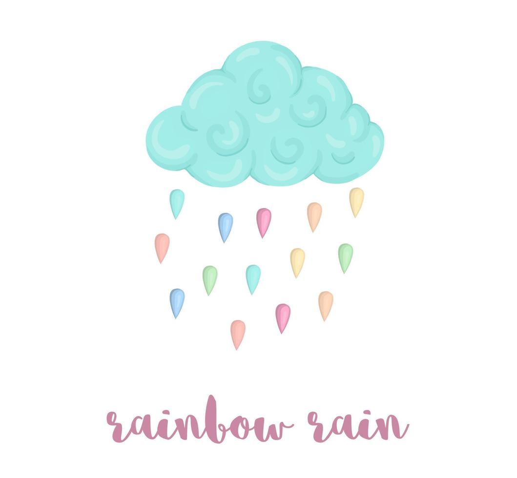 illustration vectorielle mignon de nuages de style aquarelle avec des gouttes de pluie de couleur arc-en-ciel isolés sur fond blanc. image sur le thème de la licorne pour l'impression, la bannière, la carte ou la conception textile. vecteur