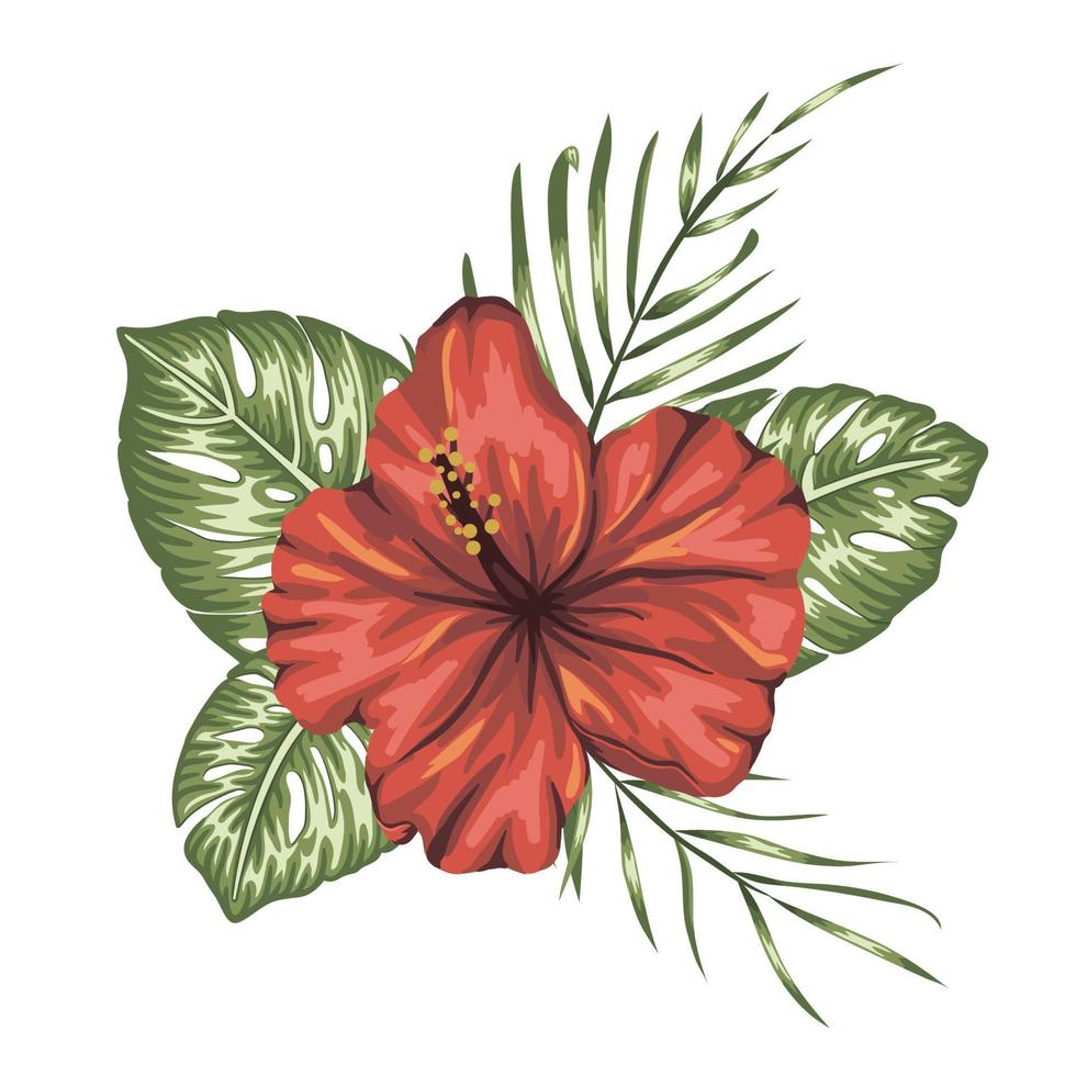 composition tropicale vectorielle d'hibiscus rouge, de monstera et de feuilles de palmier isolées sur fond blanc. éléments de conception exotiques de style aquarelle réaliste et lumineux. vecteur