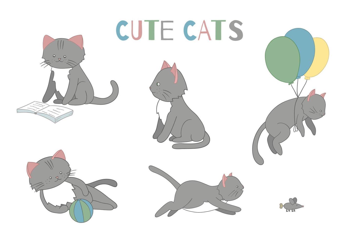 ensemble de vecteurs de chat de style dessin animé mignon dans différentes poses. illustration de personnage animal pour les enfants. dessins au trait dessinés à la main de chaton drôle. grande collection d'animaux de compagnie pour enfants, coloriage, animation. vecteur