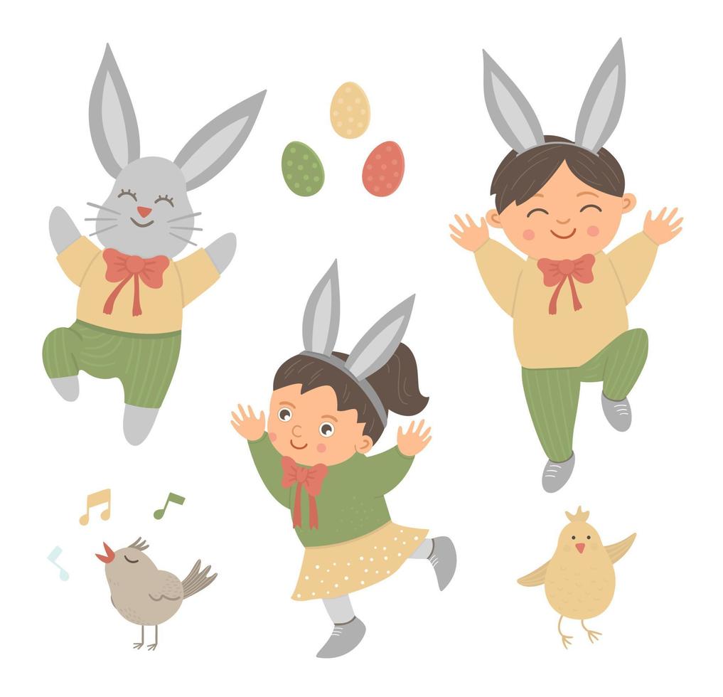 ensemble d'images vectorielles de mignon lapin drôle et d'enfants heureux avec des oreilles, des œufs colorés, un oiseau qui chante et un poussin. illustration drôle de printemps. collection d'éléments de conception pour pâques vecteur