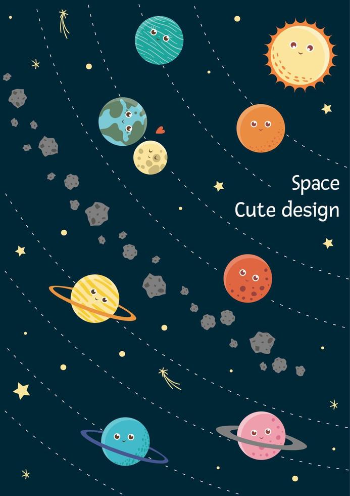 carte de système solaire de vecteur pour les enfants. illustration plate lumineuse et mignonne de terre souriante, soleil, lune, vénus, mars, jupiter, mercure, saturne, neptune sur fond bleu foncé.
