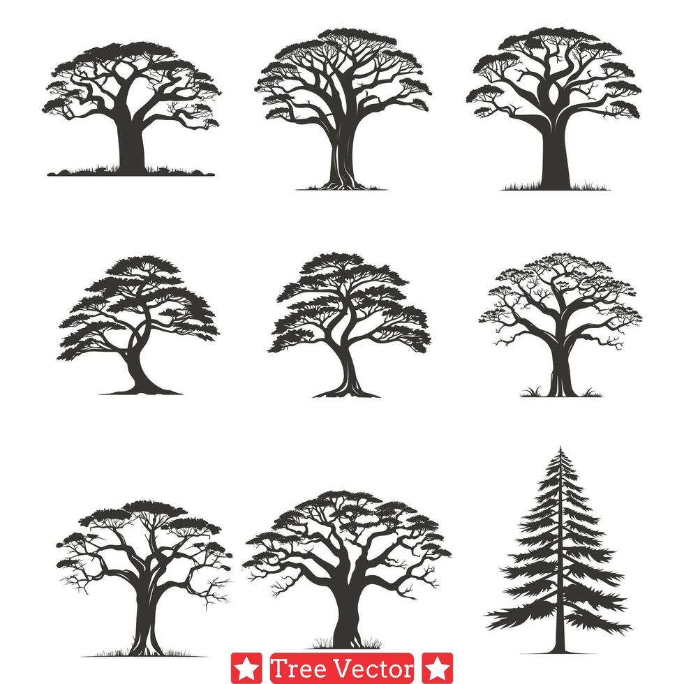 silencieux sentinelles majestueux arbre silhouettes paquet pour designers vecteur