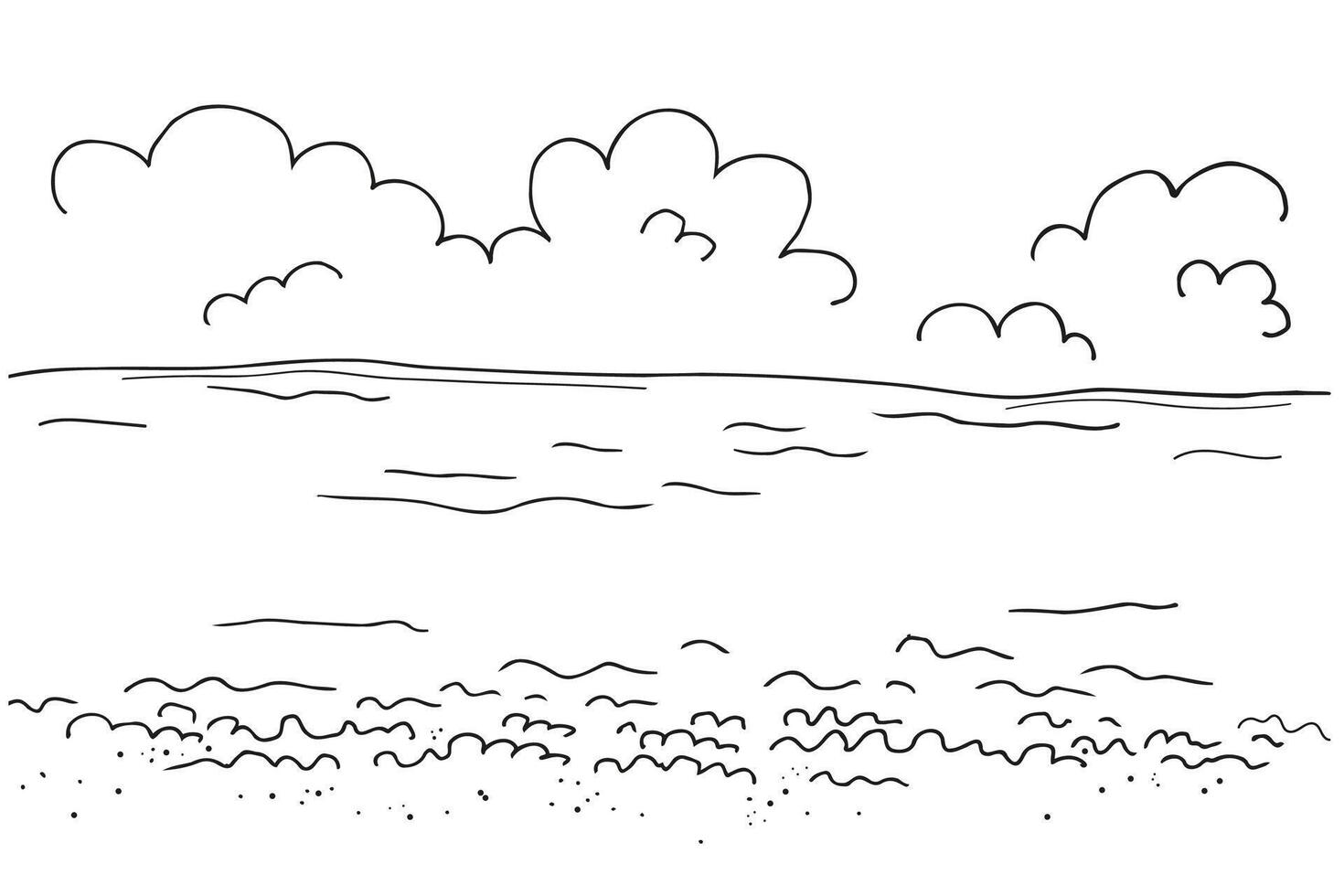 panoramique calme océan ou mer plage vue esquisser main tiré illustration de bord de mer avec eau, des nuages, Marin motif. abstrait encre dessin, côte paysage. voyage, nature, vacances. ligne art vecteur