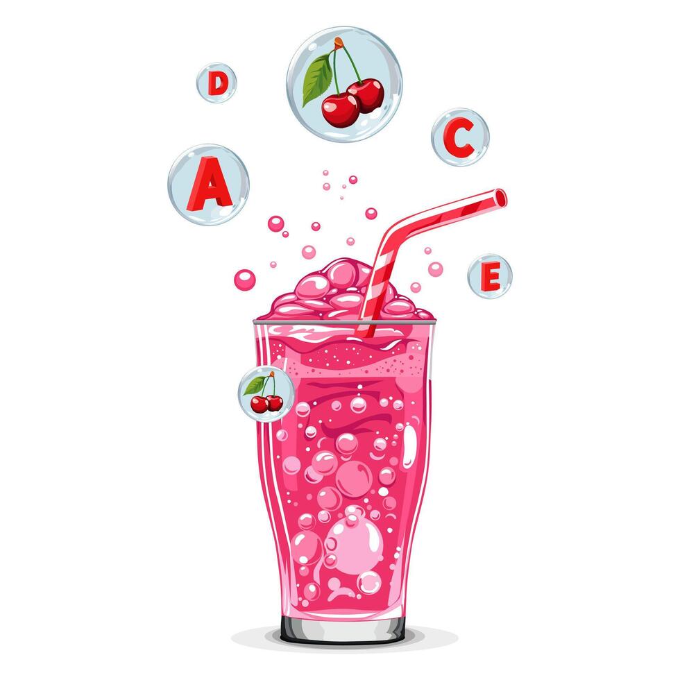 en bonne santé rose Cerise oxygène cocktail avec air bulles. isolé illustration sur blanc Contexte. été boisson pour plat conception de cartes, prospectus, bannière, présentations, logo, vente, affiche vecteur