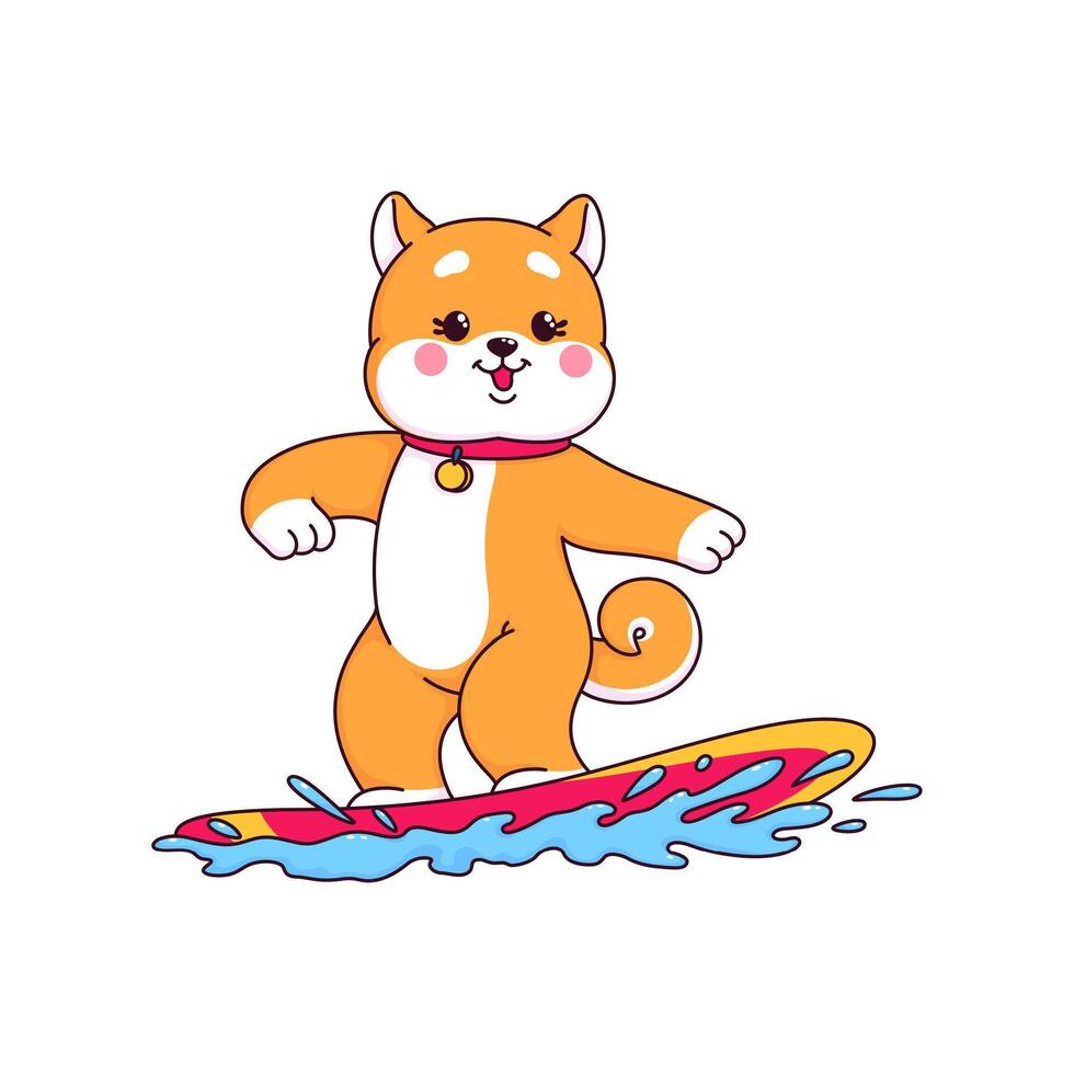 dessin animé Japonais shiba inu chien surfant personnage vecteur