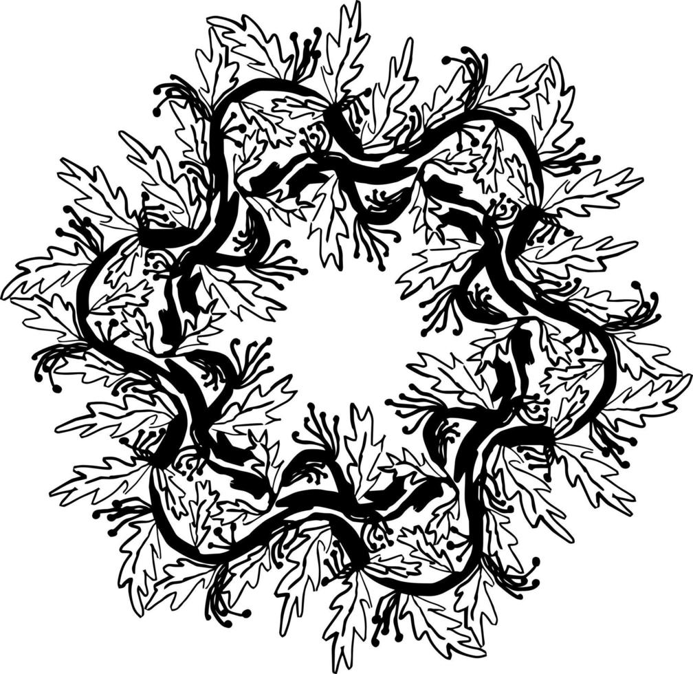 couronne de branches avec des feuilles. couronne de gribouillis décoratif contour isolé vectoriel pour cadre de carte d'invitation pour les mariages et les cartes