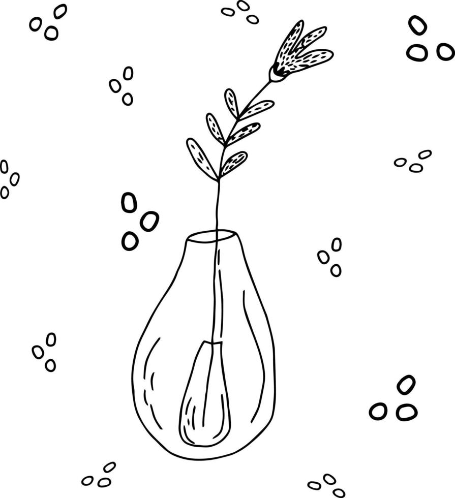 contour vectoriel fleur isolée dans une bouteille de vase en verre. brindille avec des feuilles et une fleur entourée de bulles