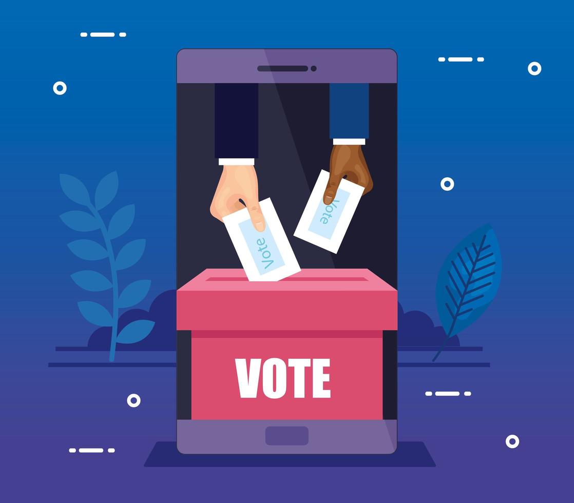 smartphone pour voter en ligne avec mains et urne vecteur