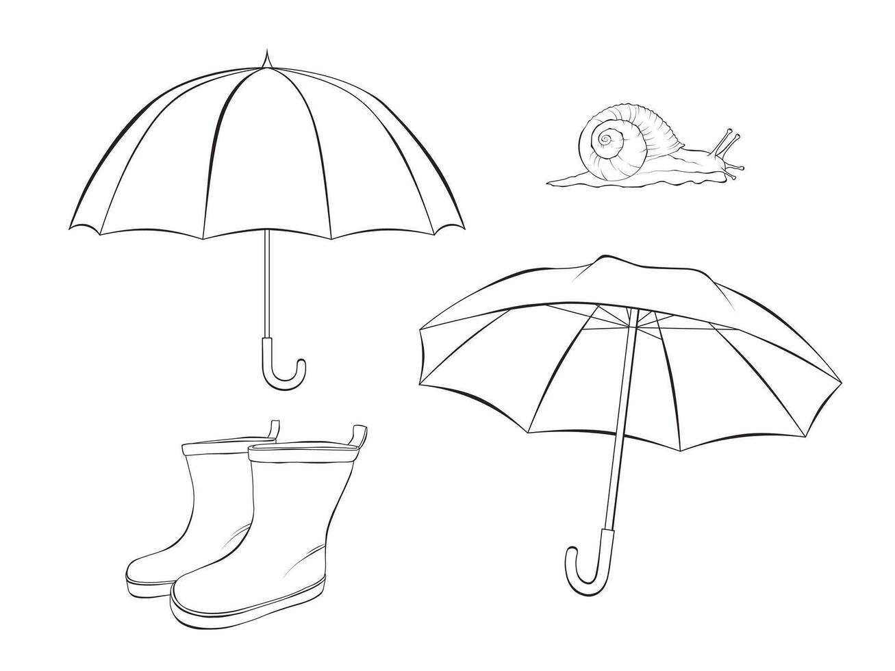 parapluie bottes de pluie escargot pluie ligne art contour illustration sur blanc Contexte vecteur
