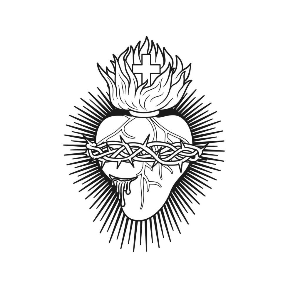 sacré cœur de Jésus Christ illustration contour monochrome vecteur