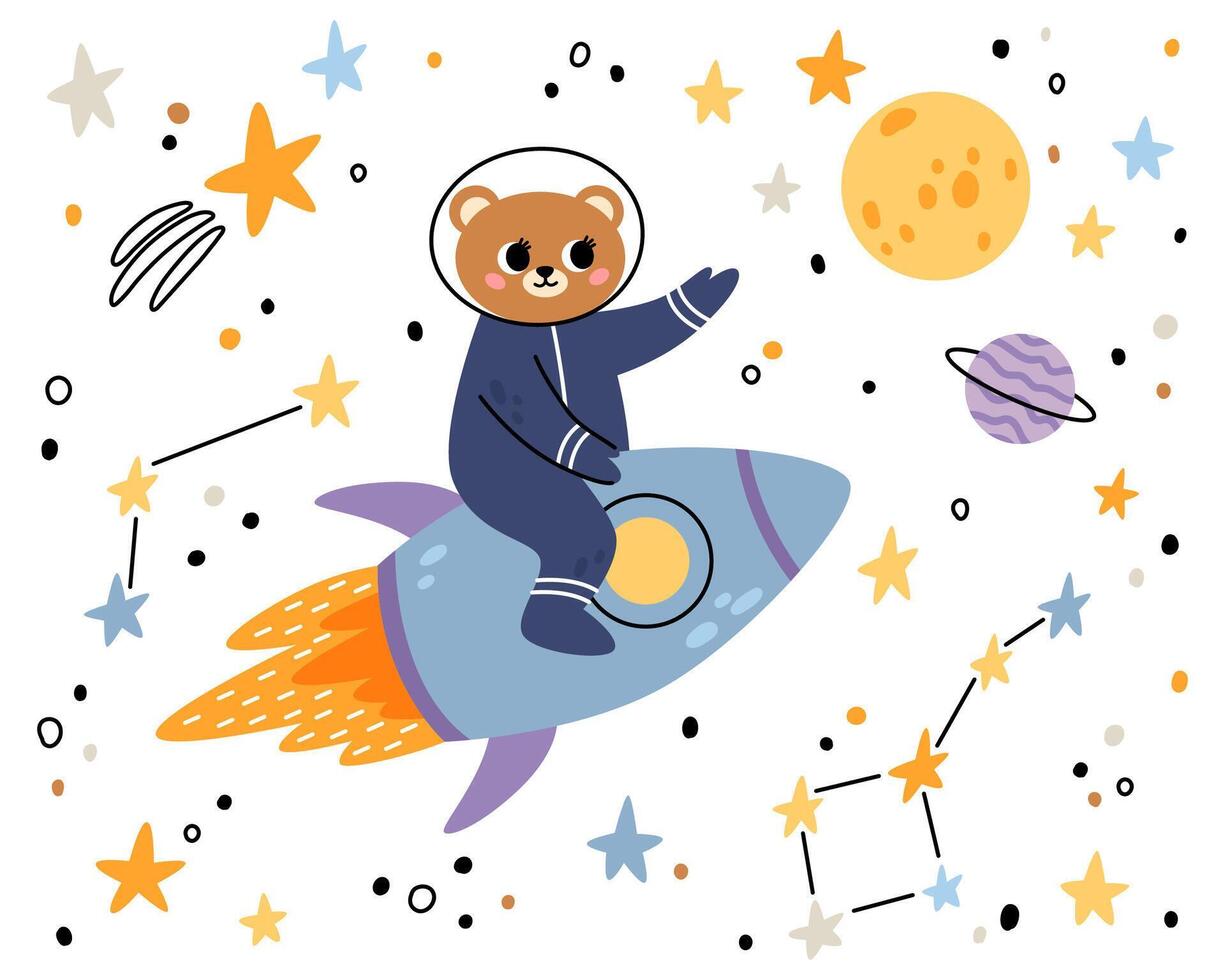 ours dans ouvert espace. mignonne animal astronaute dans espace combinaisons, en volant sur une fusée. personnage explorant univers galaxie avec planètes, étoiles, vaisseau spatial pour les enfants imprimer. vecteur