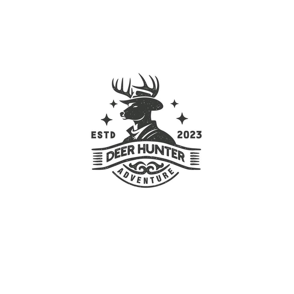 Humain cerf tête avec bois cornu silhouette mascotte ancien badge logo conception vecteur