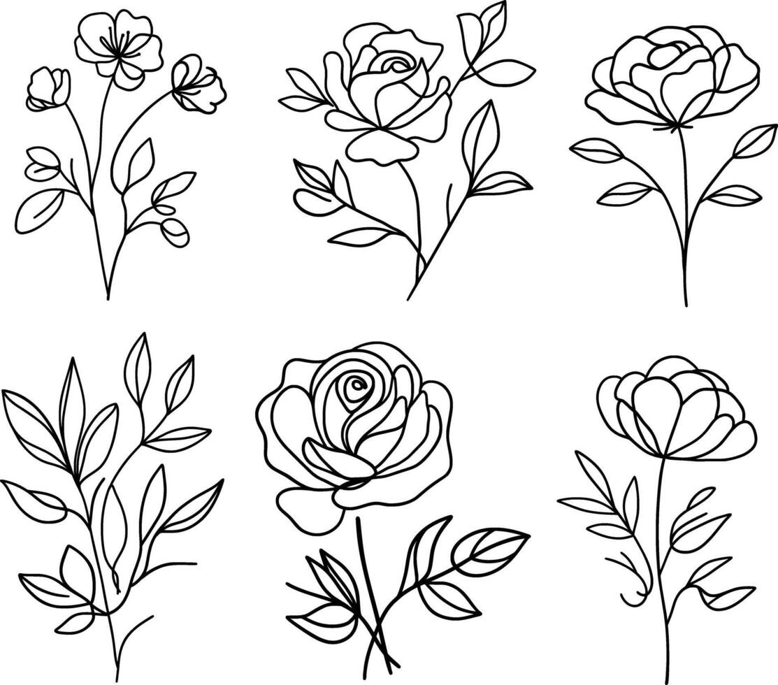 ensemble de des roses. main tiré illustration. ensemble de noir et blanc des roses et feuilles. Icônes de un ligne art fleurs. continu mono lignes des roses, feuilles, branches. fleur logos vecteur