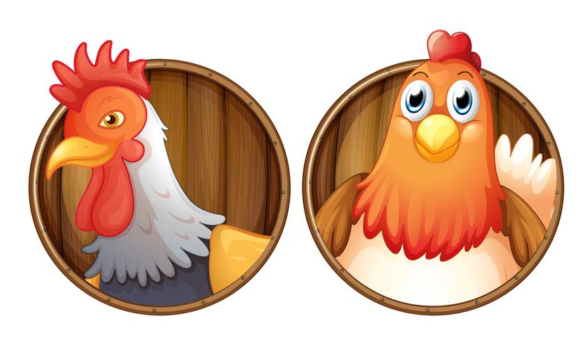 Coq et poule sur un badge en bois vecteur