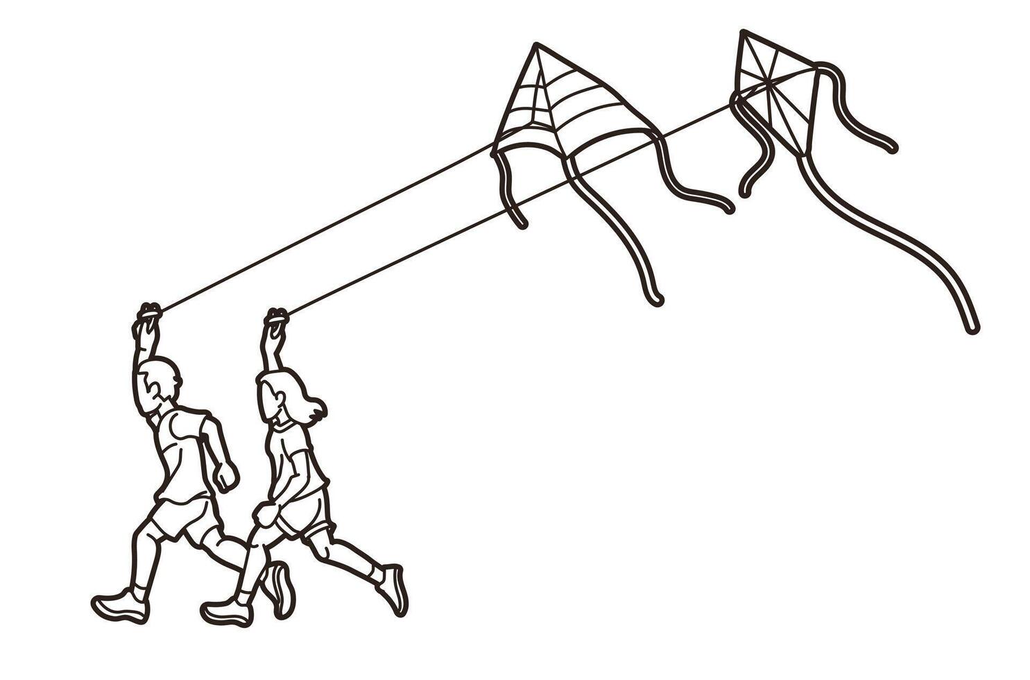 garçon et fille fonctionnement mouche une cerf-volant dessin animé graphique vecteur