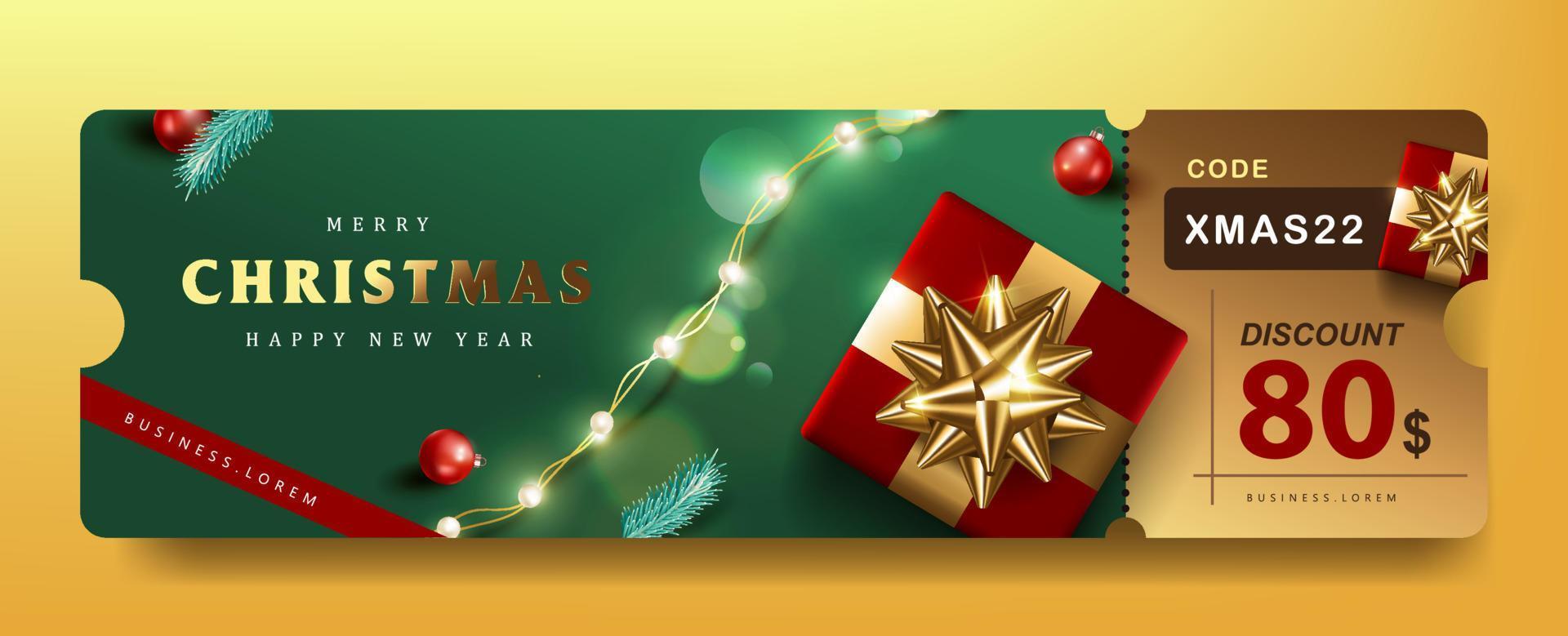 bannière de coupon de promotion de cadeau joyeux noël avec décoration festive vecteur