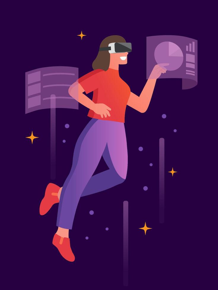 femme portant vr casques flottant. vr expérience concept, femelle personnages dans métaverse univers, simulation de le virtuel numérique monde pour travail. plat illustration vecteur
