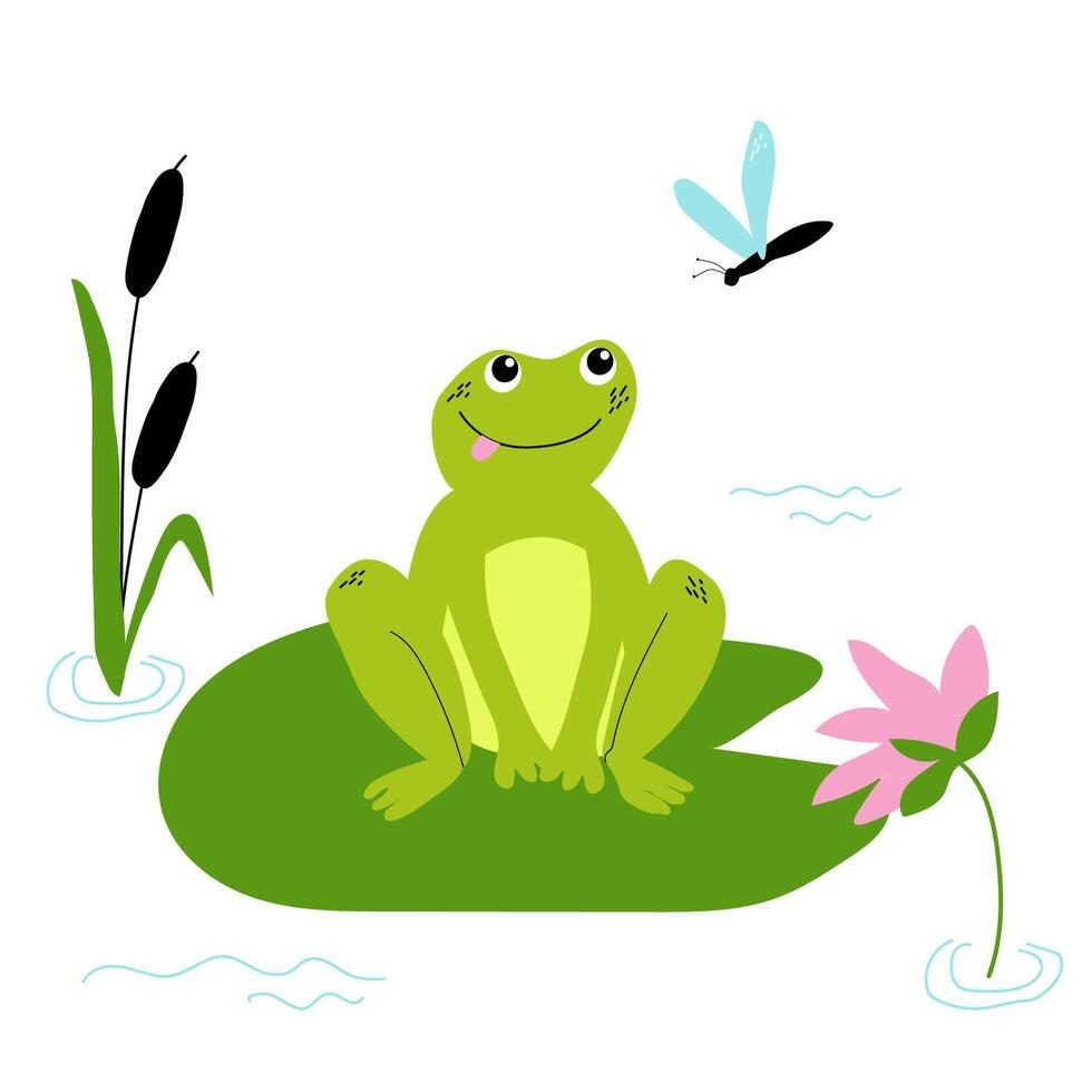 mignonne content grenouille et libellule avec fleurs de lys et roseaux sur le étang. les enfants illustration. vecteur