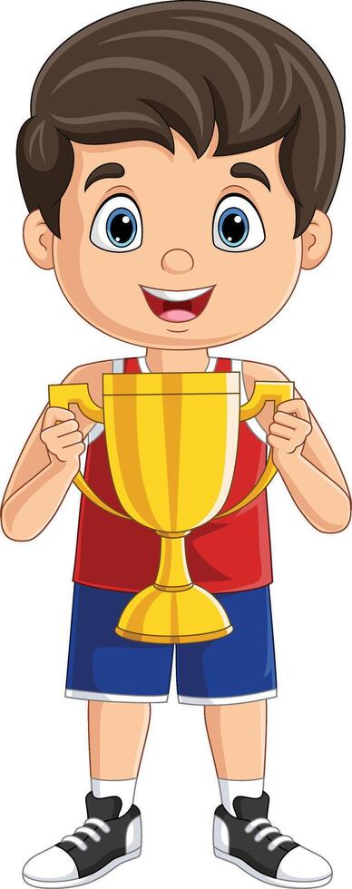 dessin animé petit garçon tenant un trophée d'or vecteur