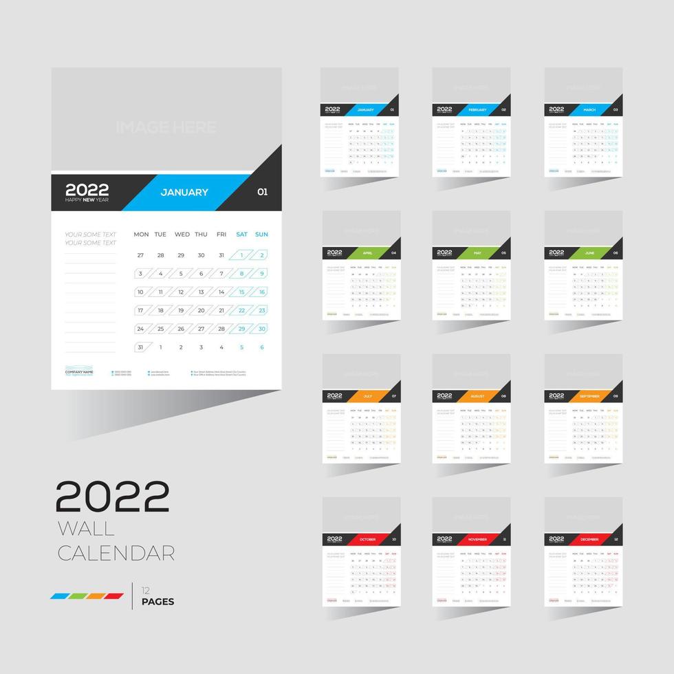 Calendrier mural 4 couleurs 12 mois 12 pages 2022 vecteur