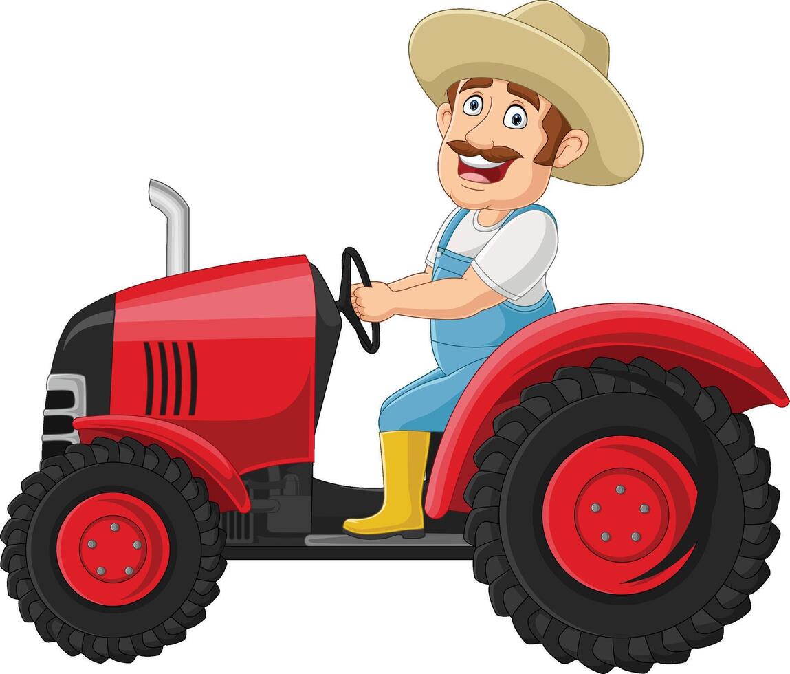 dessin animé agriculteur équitation tracteur sur blanc Contexte vecteur