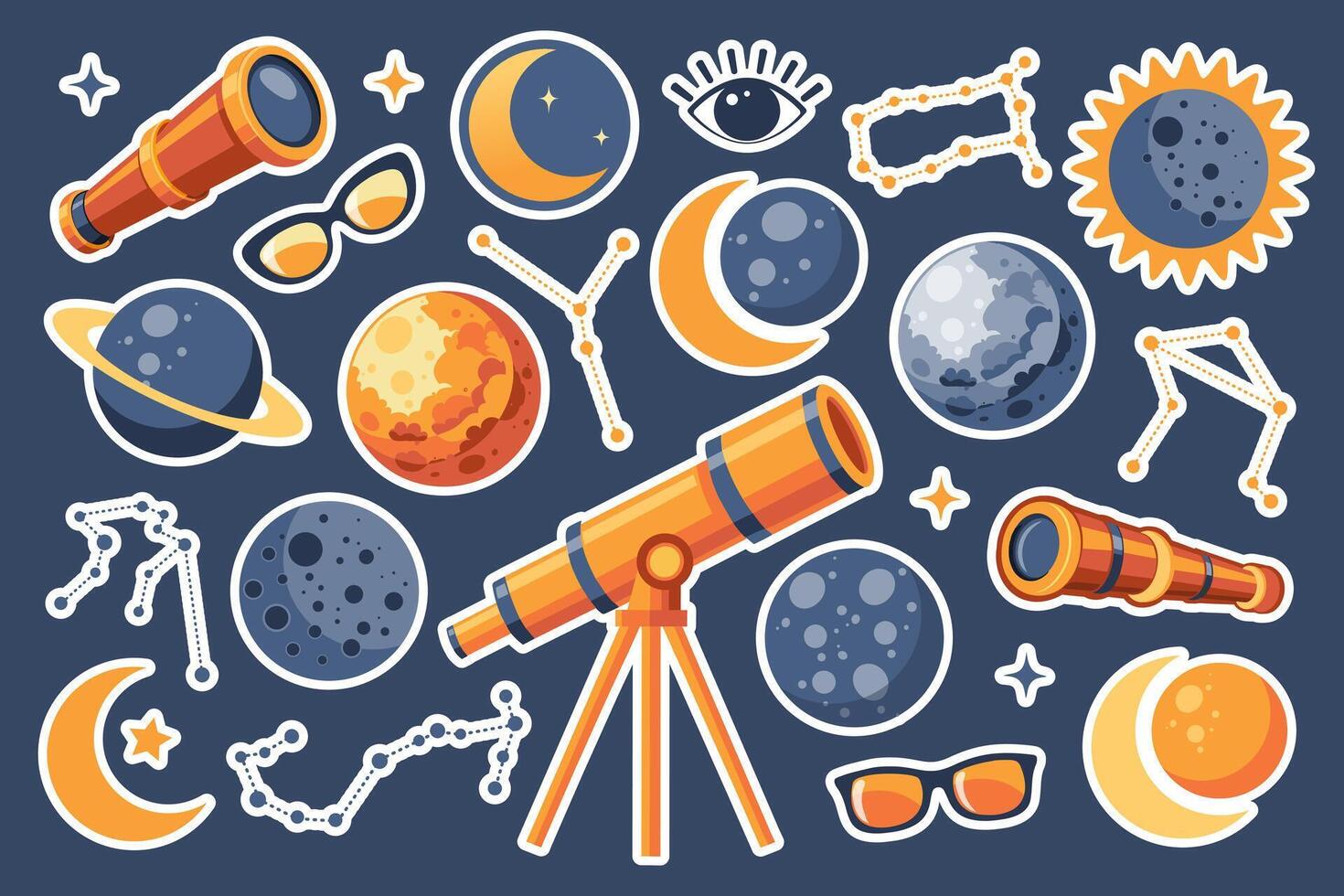 solaire éclipse ensemble. télescope, longue-vue, planètes, solaire éclipse, lune, lunettes. mignonne illustration pour des gamins éducation à école, autocollants, scrapbooking, garderie chambre. vecteur