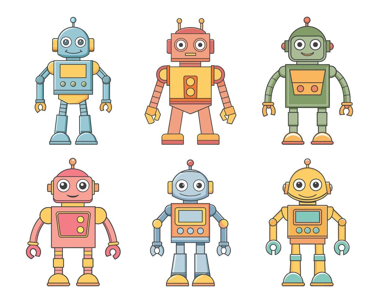 collection de dessin animé personnages des robots et des droïdes. adorable enfants dessin animé kawaii, mignonne marrant des robots, pastel couleurs. ensemble vecteur